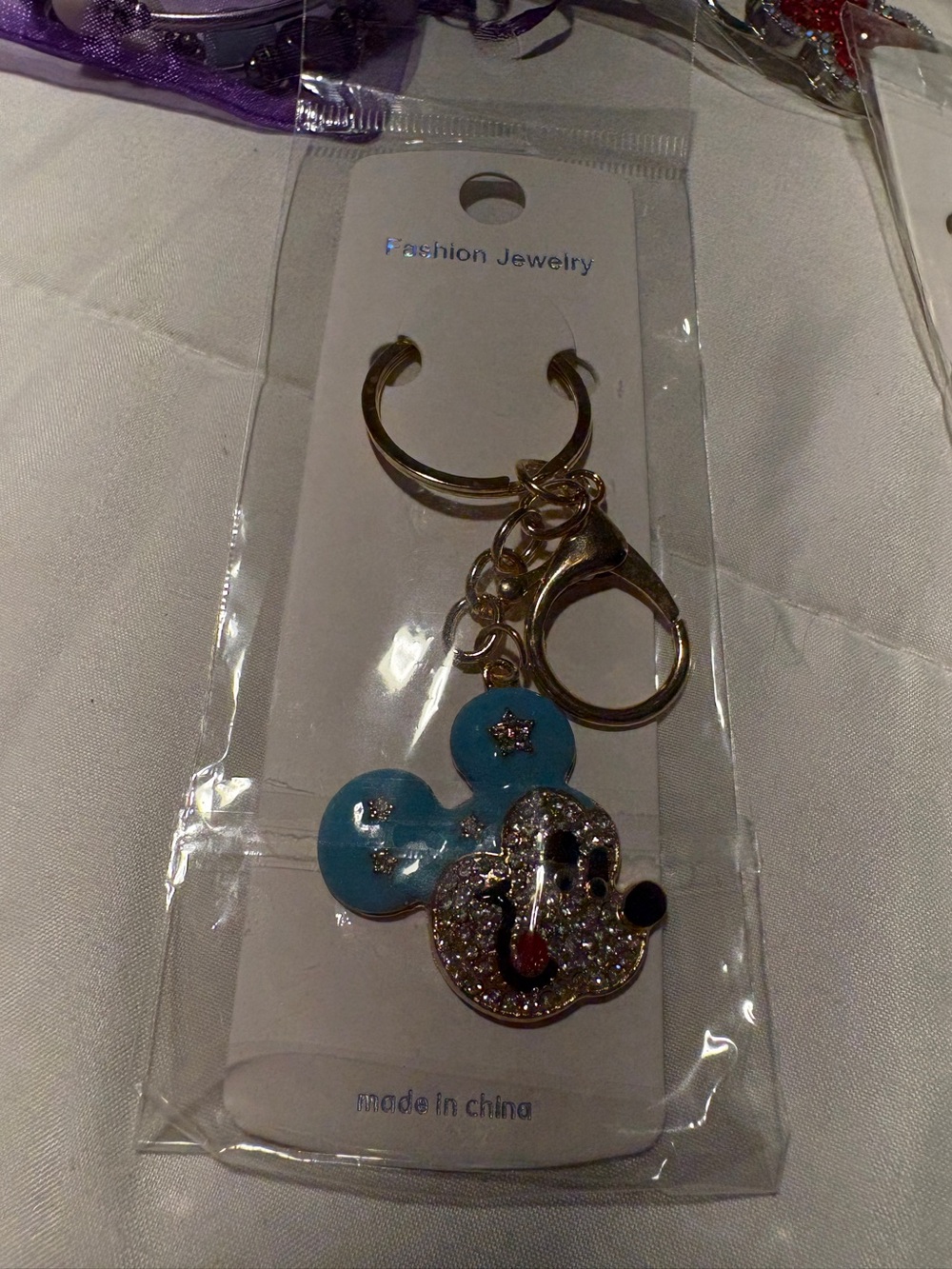 Blue Crystal Mickey-Style Keychain Charm - Fashion Jewelry